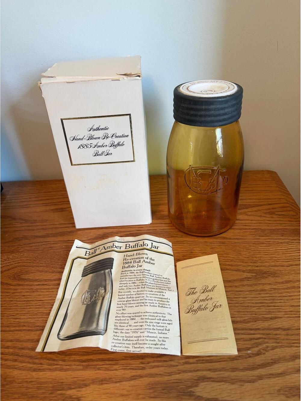 A41. Ball Yellow Amber Glass Buffalo Jar - Vintage 1976 Reproduction w/Booklet